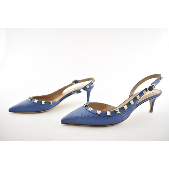 Valentino Rockstud 50 Blue Gold Stud Slingback Strap Sandal Kitten Heel Pump 38 - Picture 9 of 11